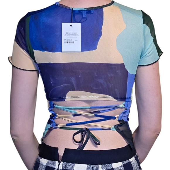 MIAOUX Paloma Elsesser Lace Back Tee in Abstraction pattern sheer mesh short sl